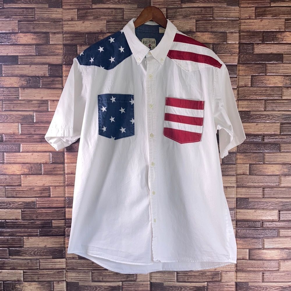 Red Head Shirt Mens Large Red White Blue Casual Short Sleeve American Flag